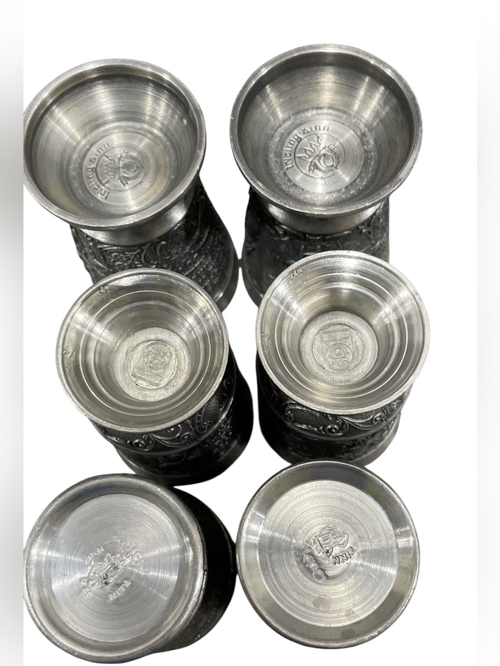 Vintage Pewter Shot Glasses Set of 6 Relief Scene Cups Zinn Wine Tasting Barware - Picture 3 of 13